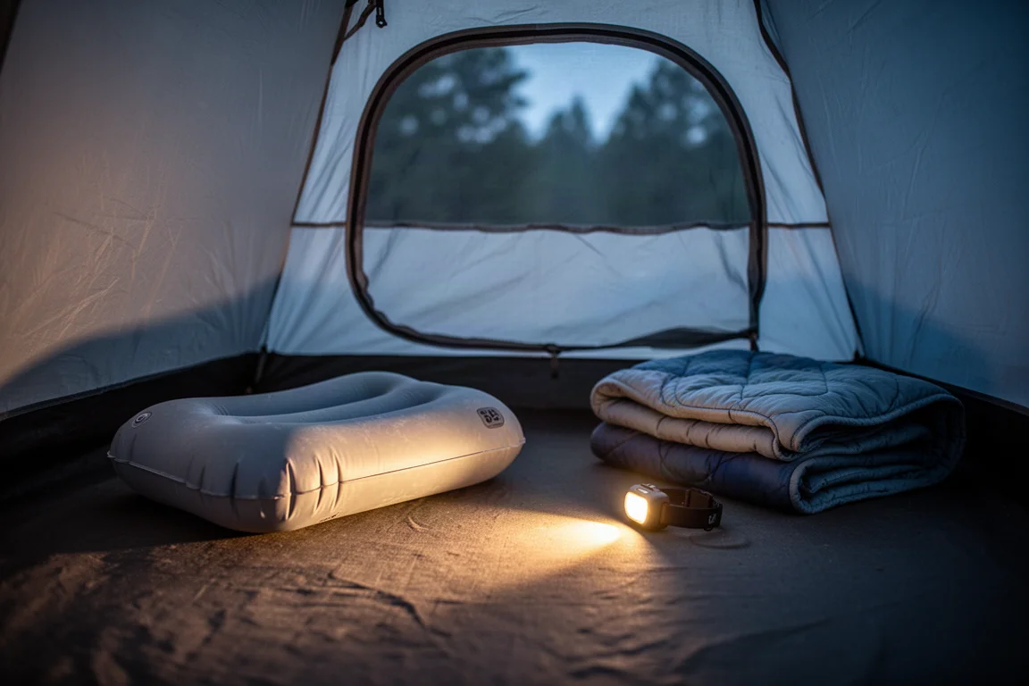 Inside a one-person tent at dusk with an inflatable pillow and folded quilt