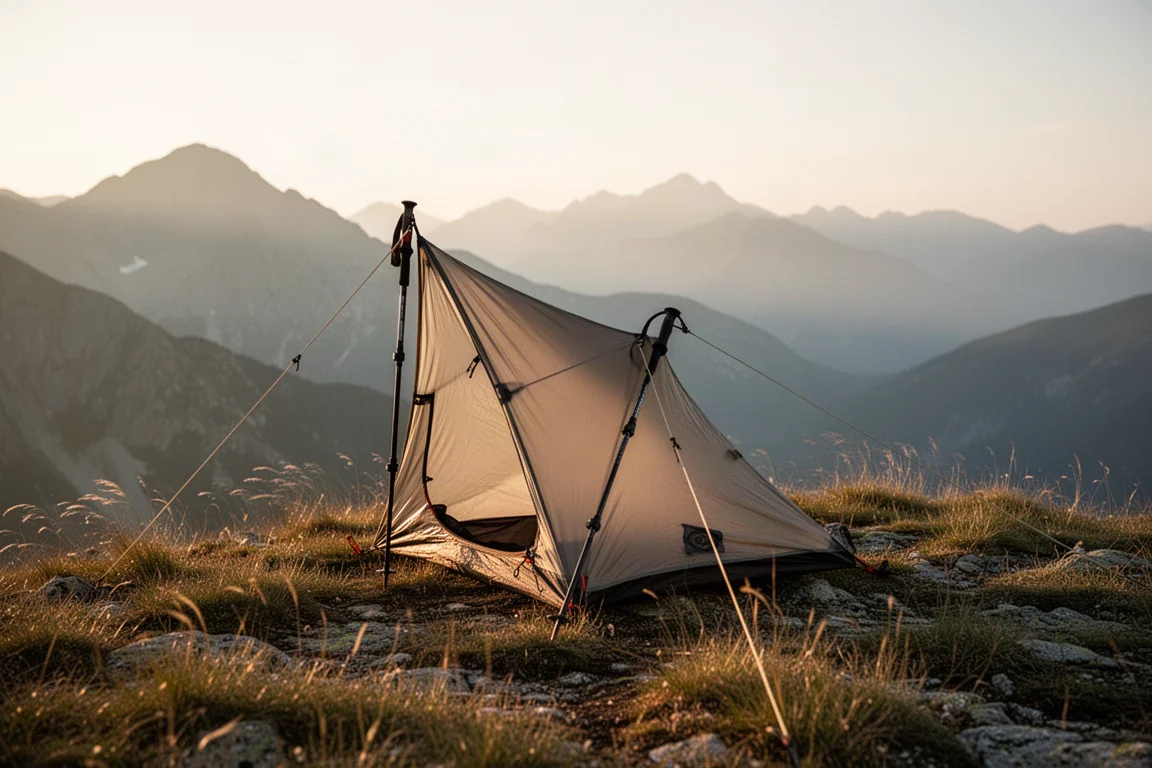 Ultralight trekking-pole tent pitched on an alpine ridge at golden hour