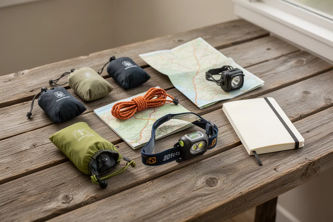 Overhead view of backpacking gear being sorted on weathered wooden planks