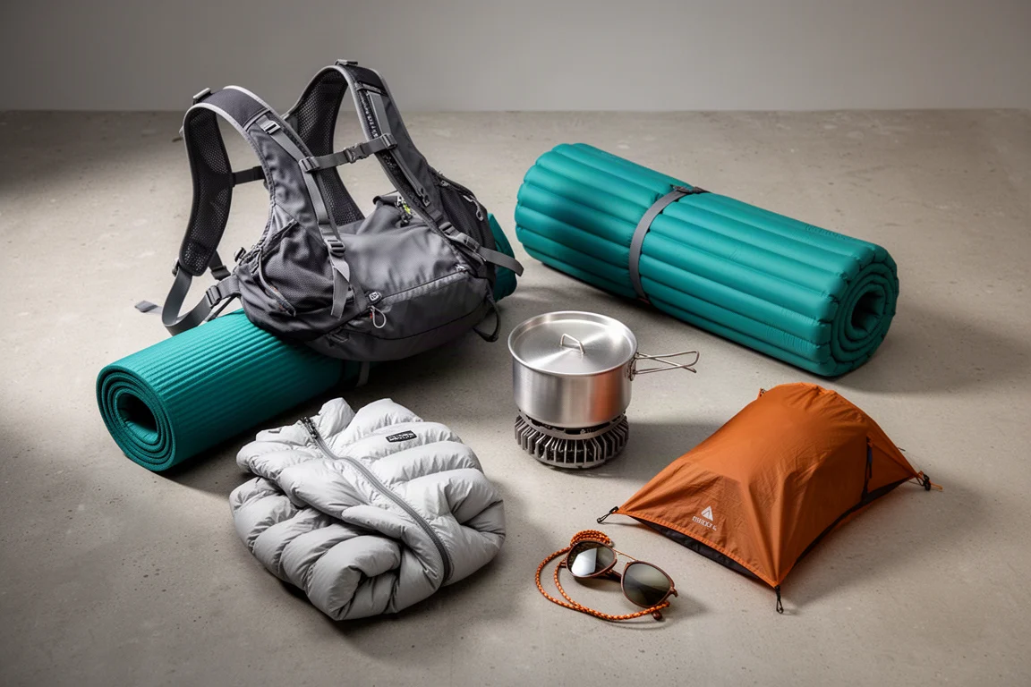 Backpacking gear including a sleeping pad, sleeping bag, pack, stove, water reservoir and tent on concrete