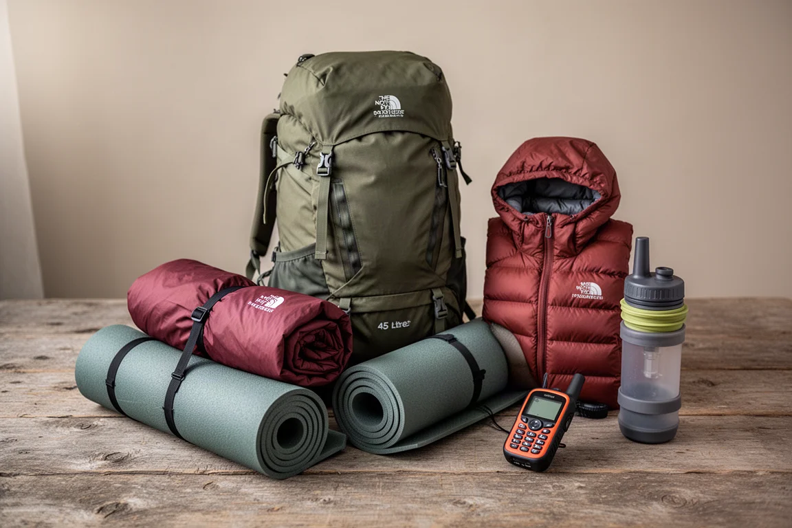 Lightweight backpacking gear arranged on a weathered wooden surface