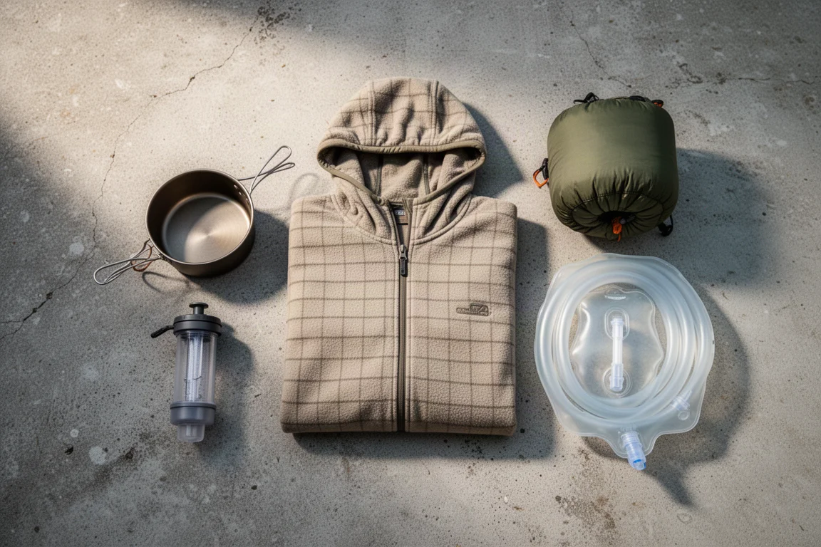 Overhead flat-lay of backpacking gear on grey concrete in soft daylight