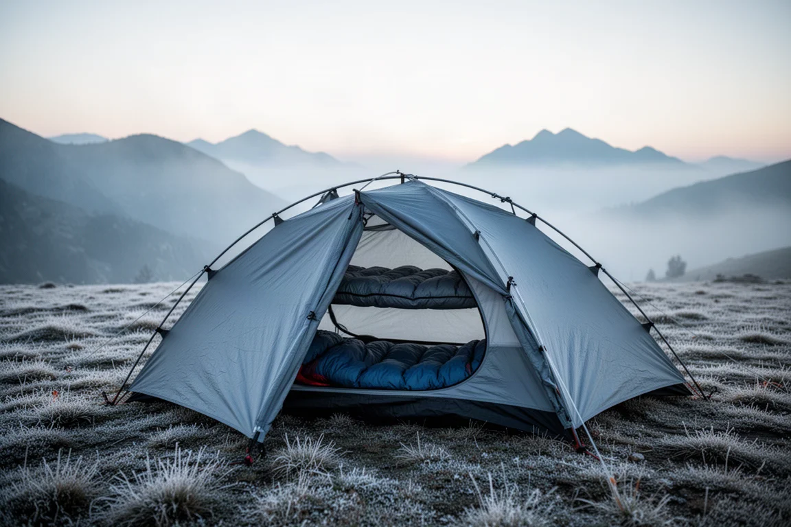 Lightweight tent pitched on a frosty alpine meadow at first light