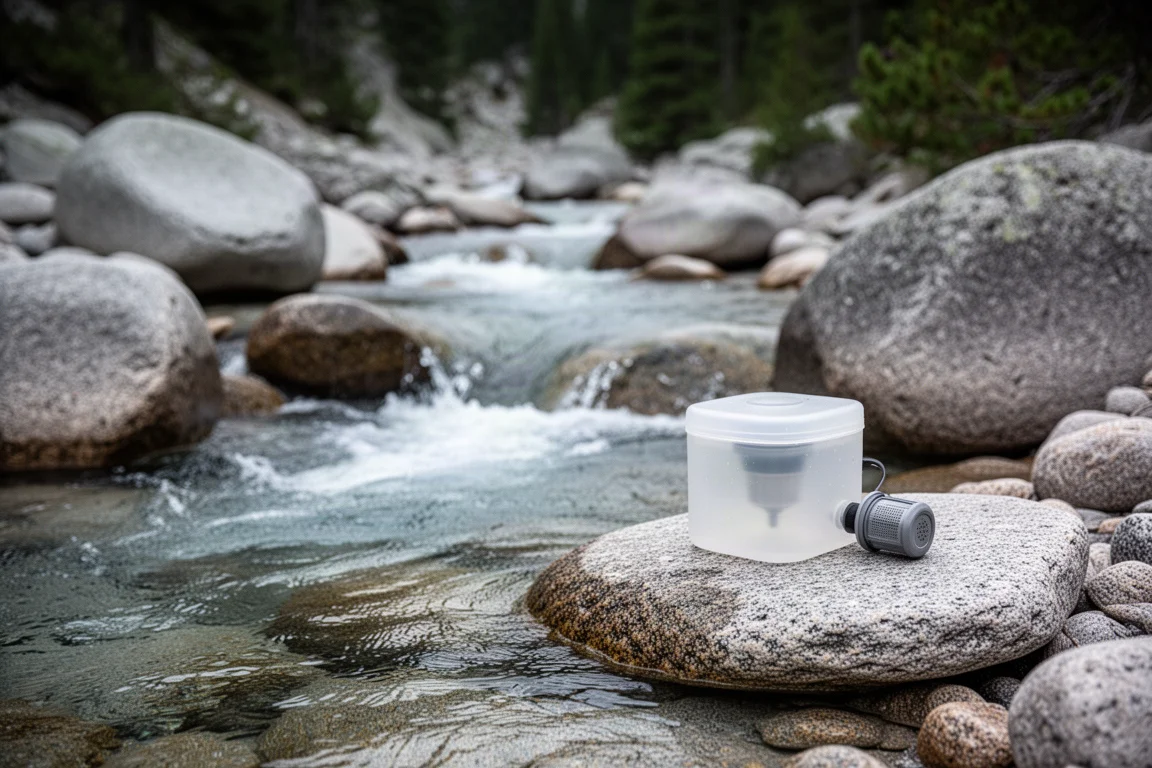 Clear mountain stream over granite with a water filter resting on a rock