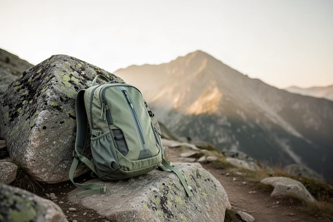 Lightweight framed backpack resting against a granite boulder on an alpine trail