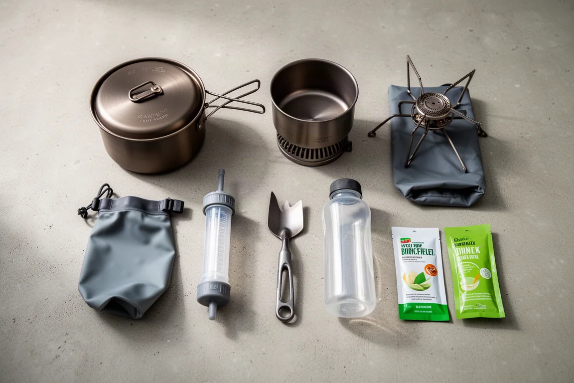 Flat-lay of ten compact backpacking staples arranged on a matte concrete surface