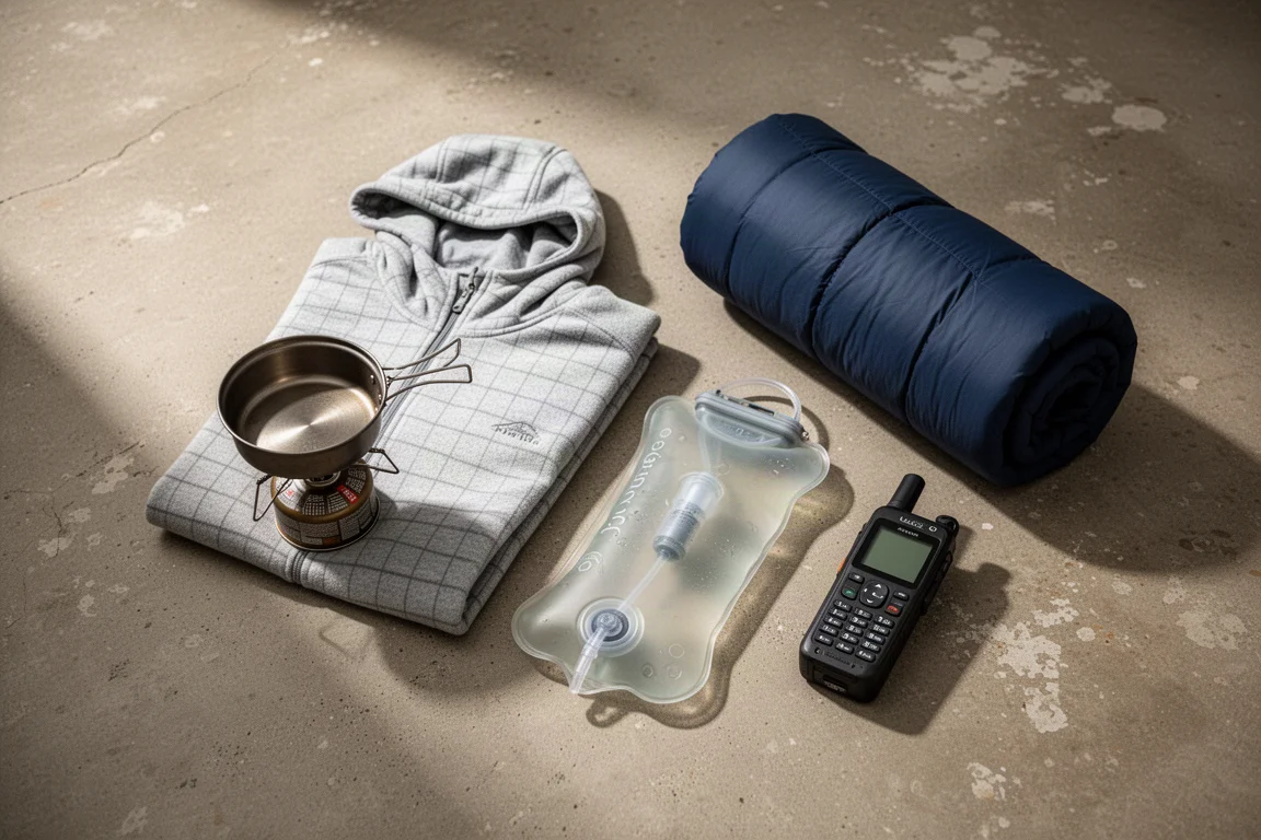 Flat lay of lightweight backpacking gear including a titanium pot, tent, filter, and pack
