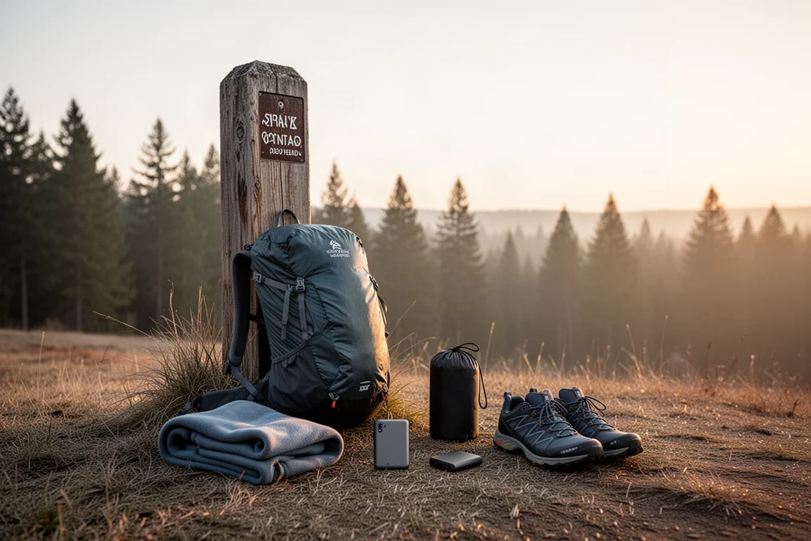 Ultralight backpack leaning on a trailhead post at dawn with gear laid out