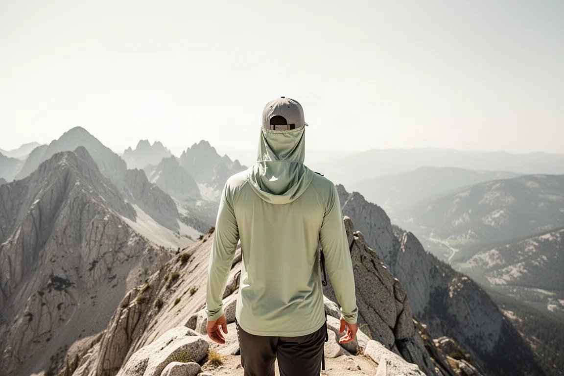 Hiker seen from behind on an exposed ridge with a hooded sun shirt up