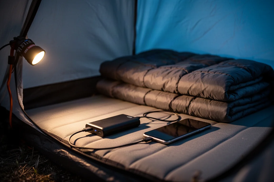 Power bank charging a phone on a sleeping pad inside a tent at night