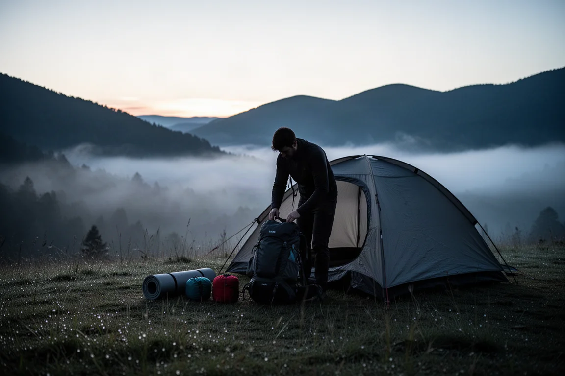 Hiker packing a backpack outside a tent in pre-dawn mist