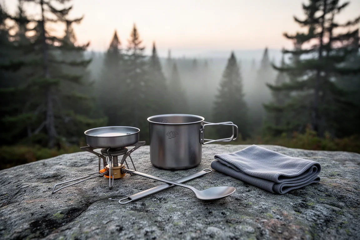 Kleine Campingküche im Morgengrauen auf Granit ausgebreitet, dahinter Kiefernwald