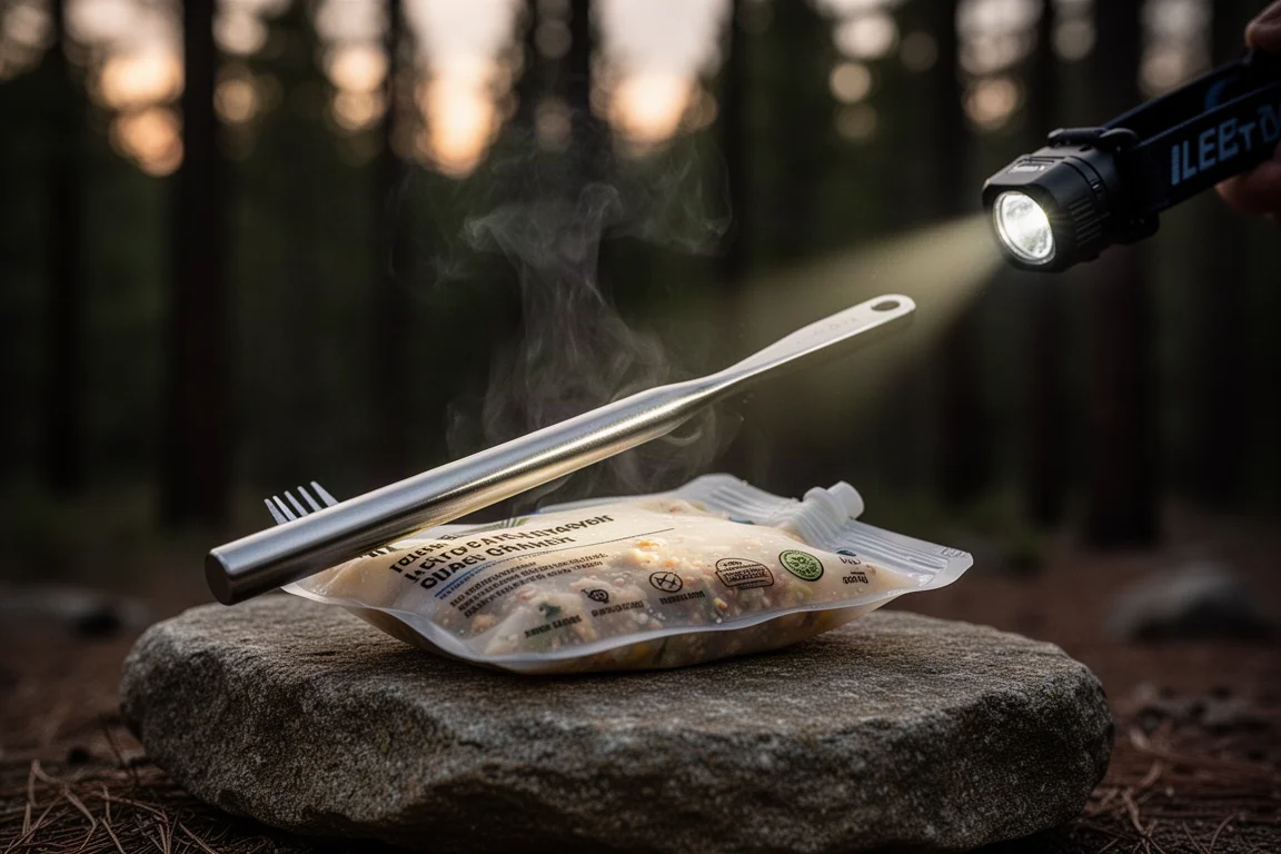 Titan-Besteck mit langem Griff auf einem Mahlzeit-Beutel auf einem Stein in der Dämmerung