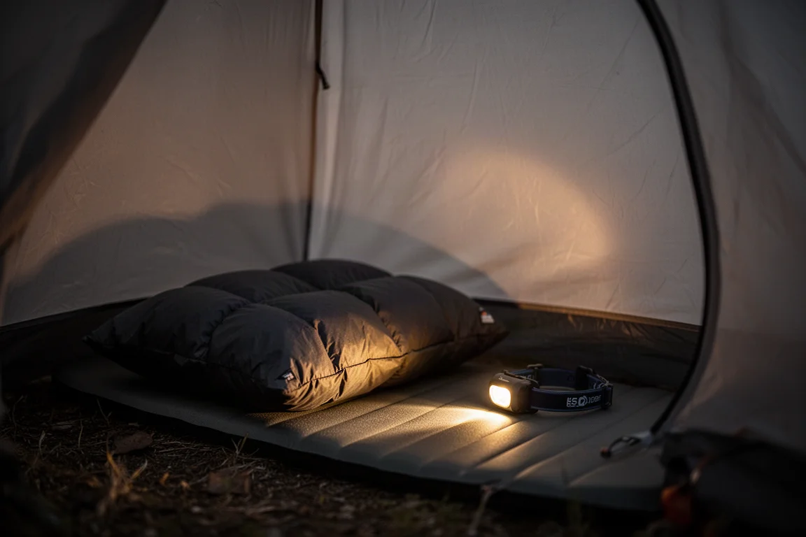 Camp-Kissen auf einer Isomatte in einem Zelt, nachts von einer Stirnlampe beleuchtet