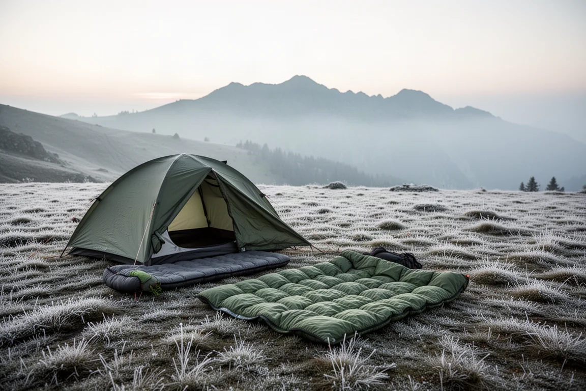 Frostiges alpines Lager im ersten Licht mit aufgebautem Zelt und ausgelegter Schlafausrüstung