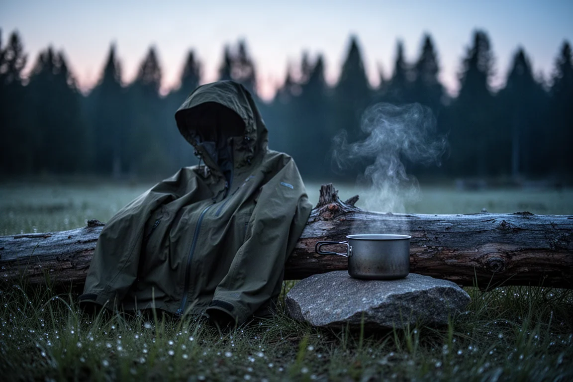 Synthetikjacke mit Kapuze über einen umgestürzten Baumstamm neben einem Kochtopf in der Abenddämmerung gehängt