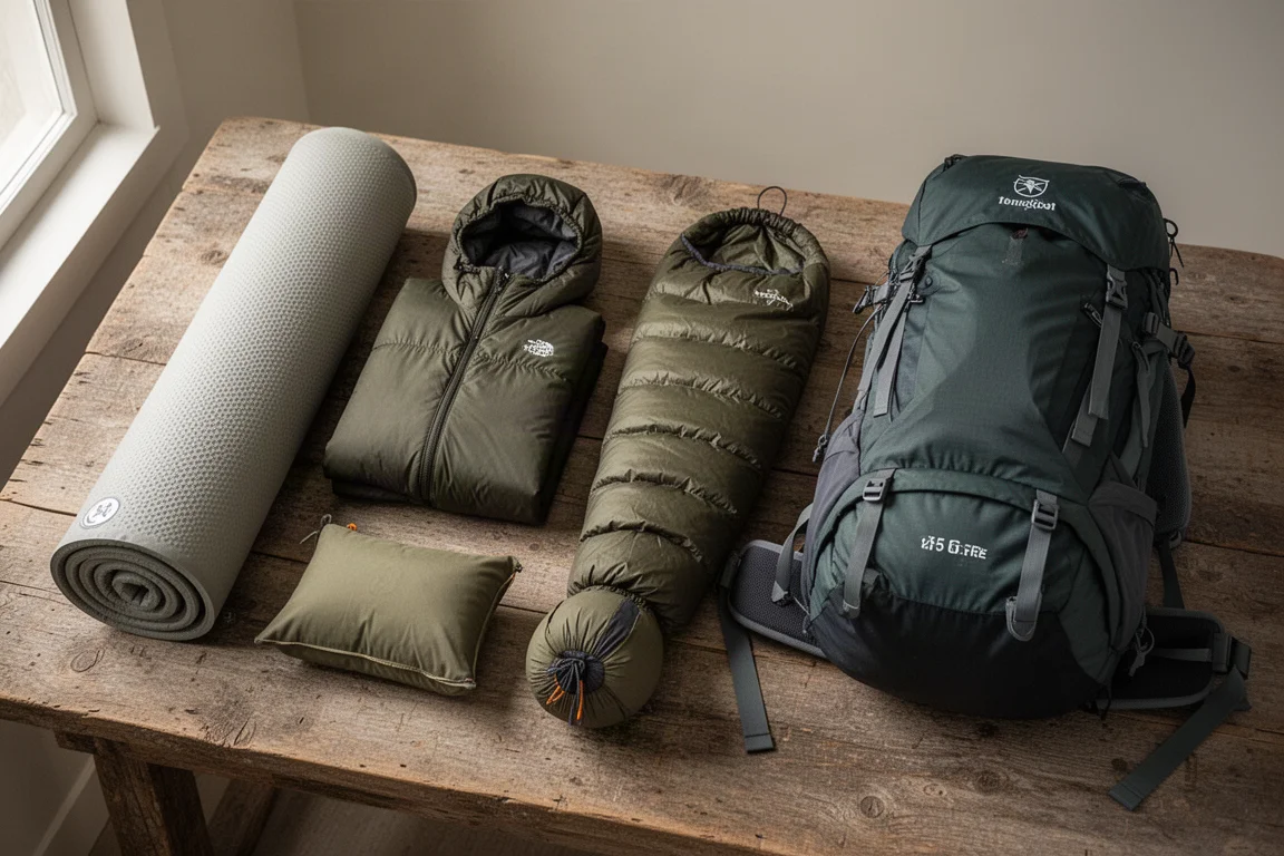 Attrezzatura da backpacking disposta su legno con materassino, giacca, quilt, cuscino, tenda e zaino