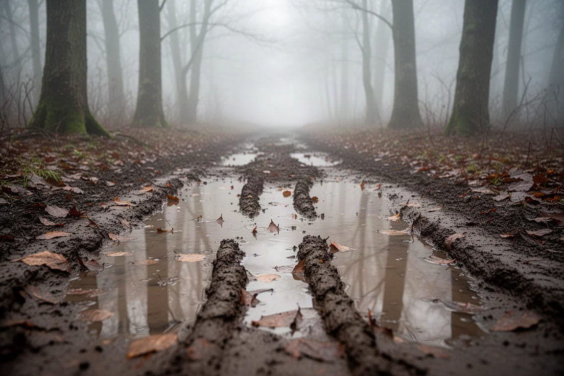 Schlammiger Waldweg mit stehendem Wasser und nassen Blättern unter tiefem Nebel
