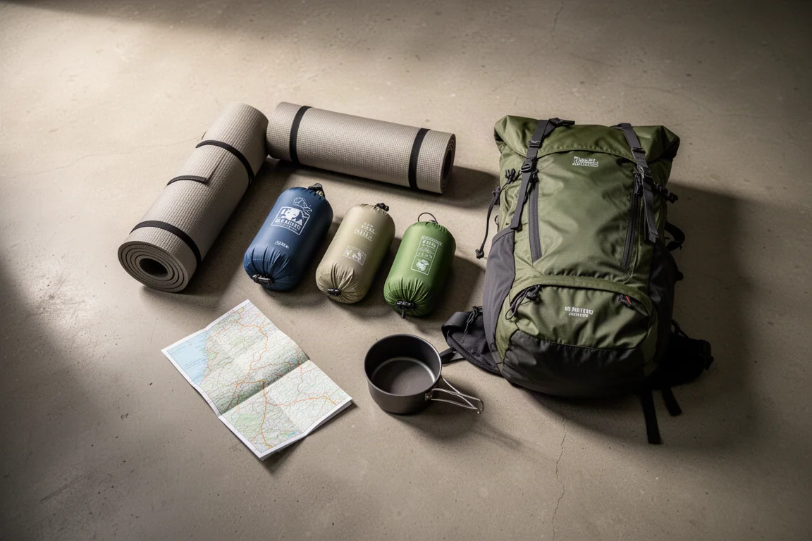 Draufsicht auf flach ausgelegte Backpacking-Ausrüstung, die auf einem Betonboden sortiert wird