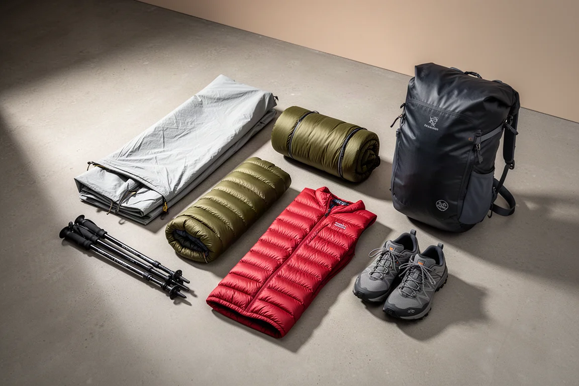 Ultralight backpacking gear arranged on a concrete surface including tent, sleeping bag, jacket and pack