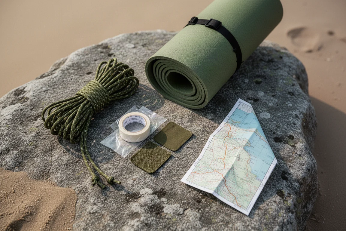 Flat-lay of repair tape, cord, and a paper map on weathered granite