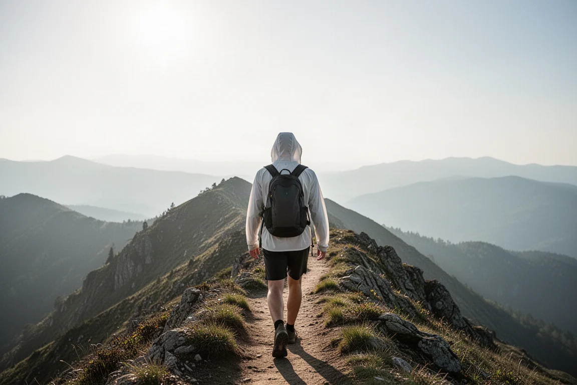 Hiker in a sun hoodie walking an exposed ridge trail in bright sunlight