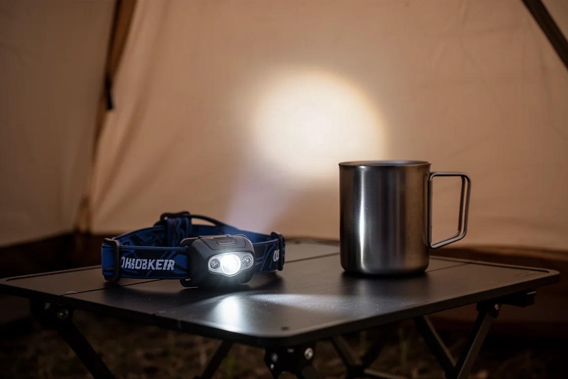 Headlamp on a camp table casting a beam across a tent wall at dusk