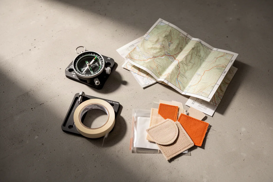 Overhead flat-lay of a compass, paper map, and repair kit on concrete