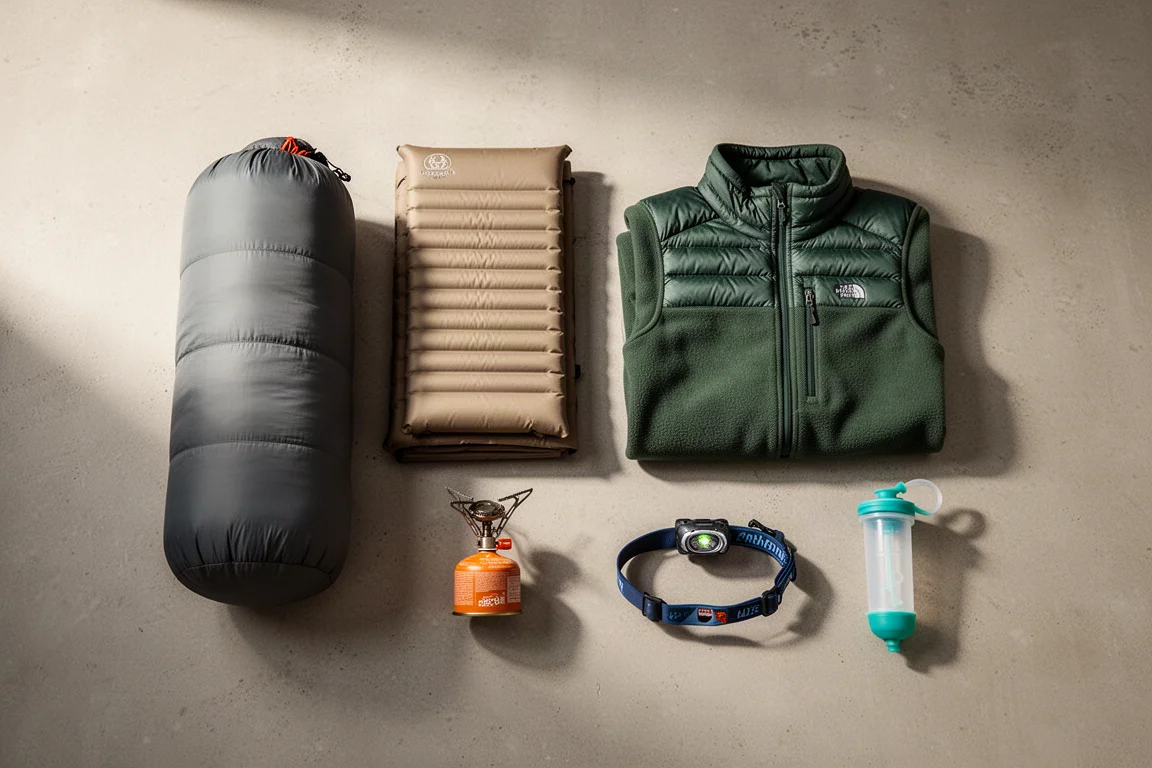 Backpacking gear flat-lay with sleeping bag, pad, jacket, fleece, stove, headlamp, and filter