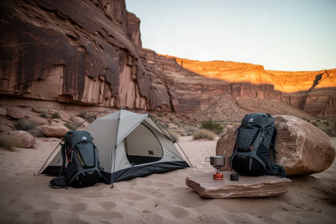 Overhead flat-lay of worn backpacking staples on weathered grey wood with soft daylight
