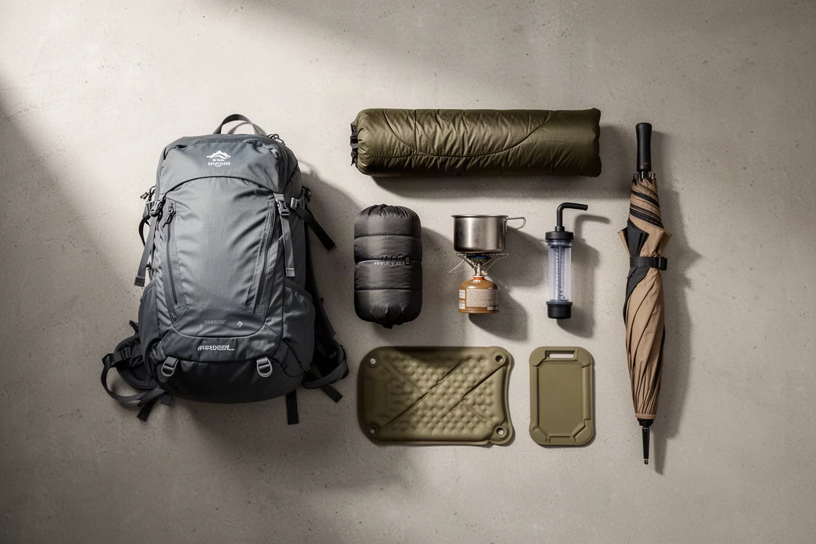 Vue à plat de matériel de randonnée incluant oreiller, bâtons de trekking, chaussettes et matelas sur béton