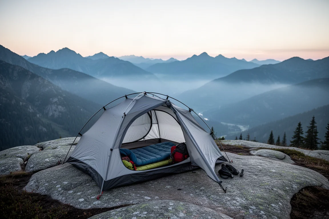 Backcountry-Campingplatz im Morgengrauen mit Ein-Personen-Zelt auf einer Granitkante und Nebel im Tal