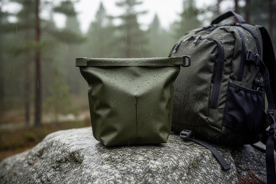 Wasserdichter Essensbeutel auf nassem Granit neben einem Rucksack bei leichtem Regen