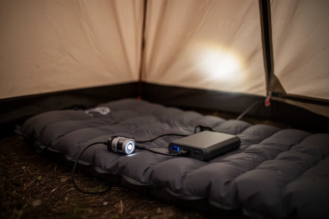 Winzige Pumpe, an eine Powerbank angeschlossen, bläst im Zelt eine Isomatte auf