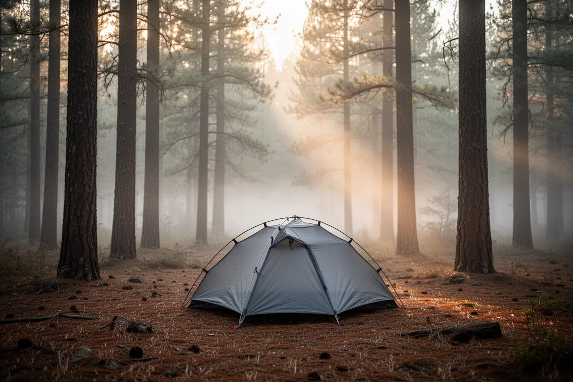 Pequeña tienda ultraligera gris montada en un bosque de pinos al amanecer con niebla entre los árboles