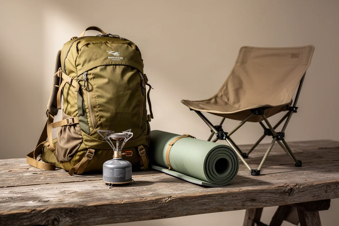Collezione di attrezzatura da backpacking con zaino, fornello, materassino e sedia su una superficie in legno