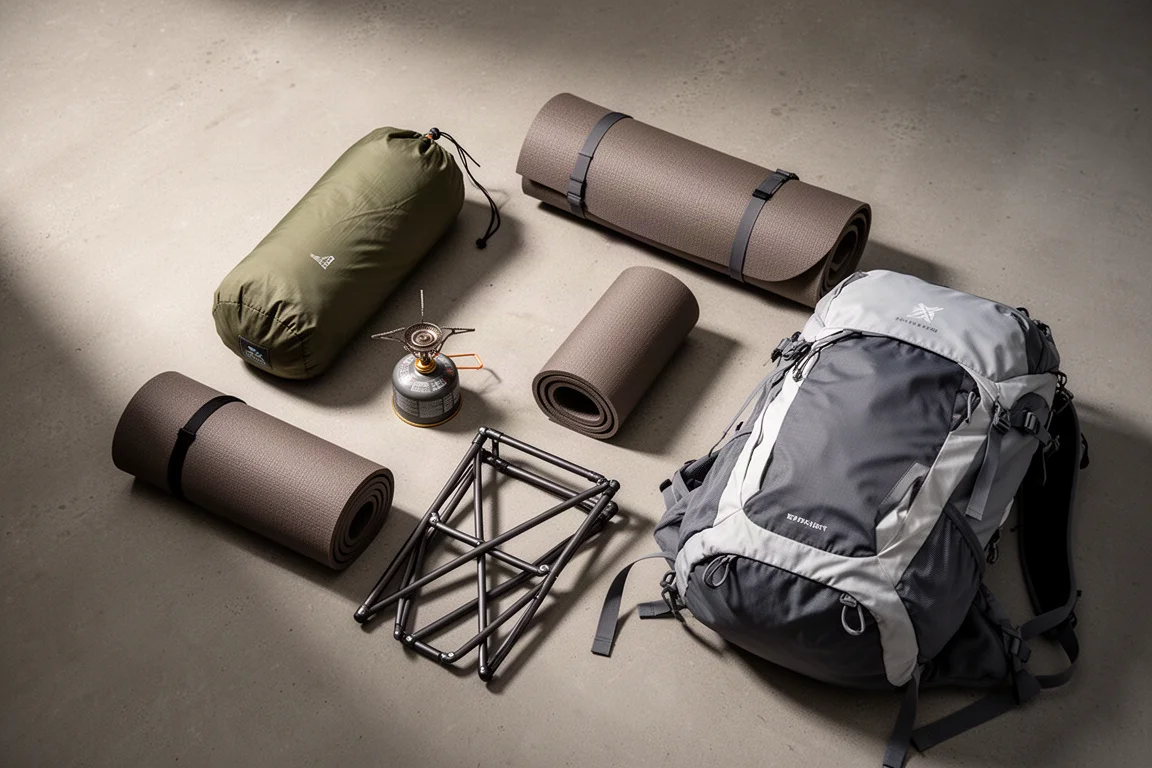 Ultralight backpacking tent, stove, sleeping pad, camp chair and backpack arranged on concrete