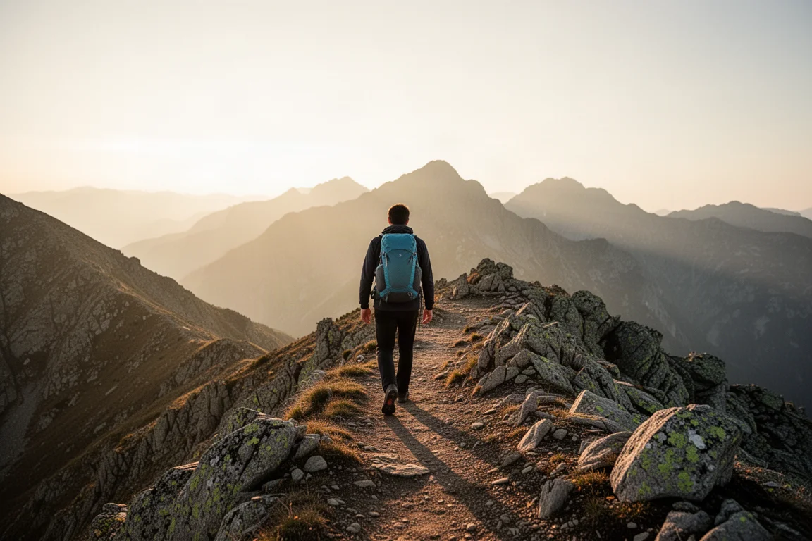 Wanderer mit leichtem Rucksack auf einem felsigen Berggrat zur goldenen Stunde