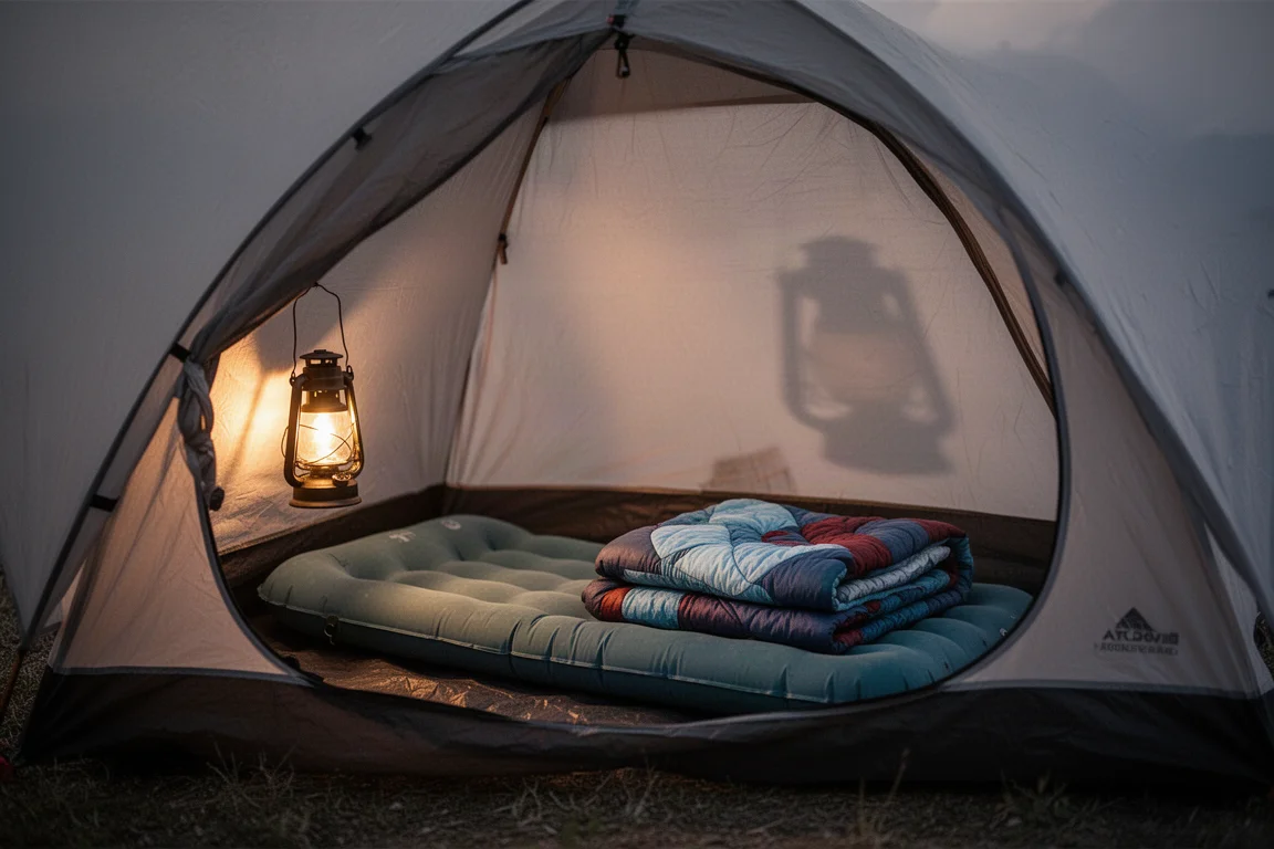 Innenraum eines kleinen Backpacking-Zelts in der Dämmerung mit Isomatte und Quilt darin