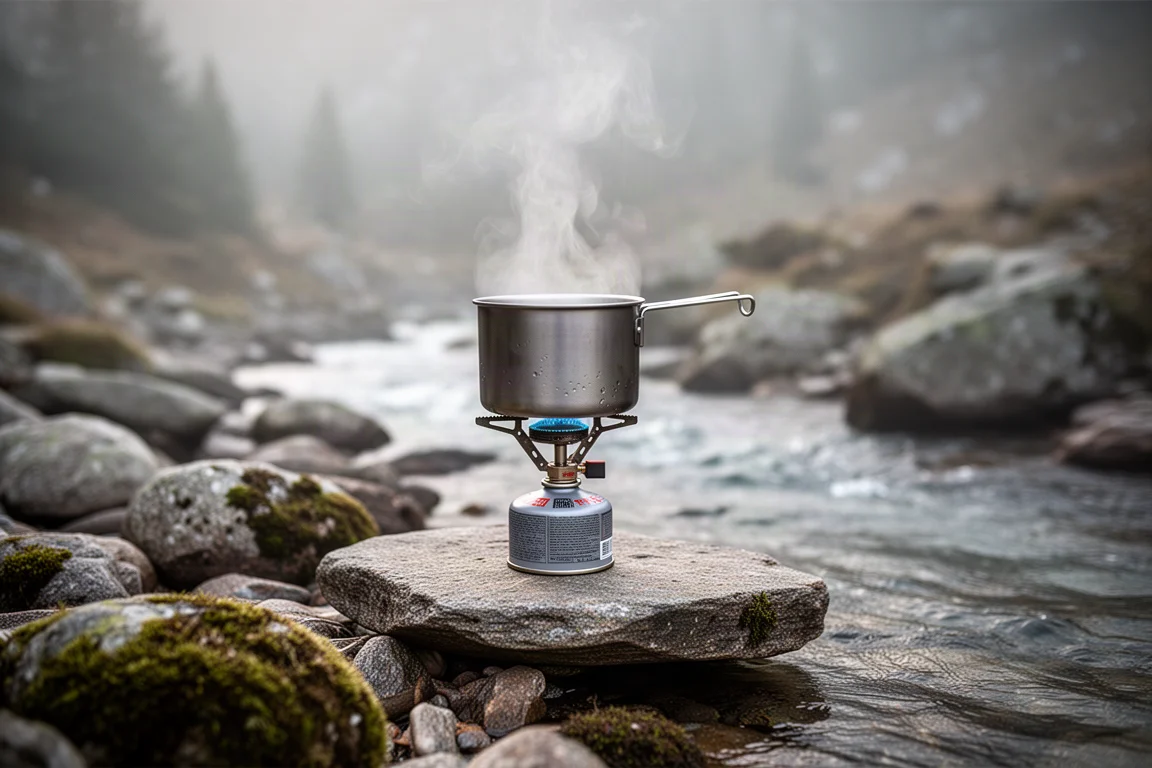 Gaskocher, der morgens neben einem Bergbach Wasser in einem Metalltopf zum Kochen bringt
