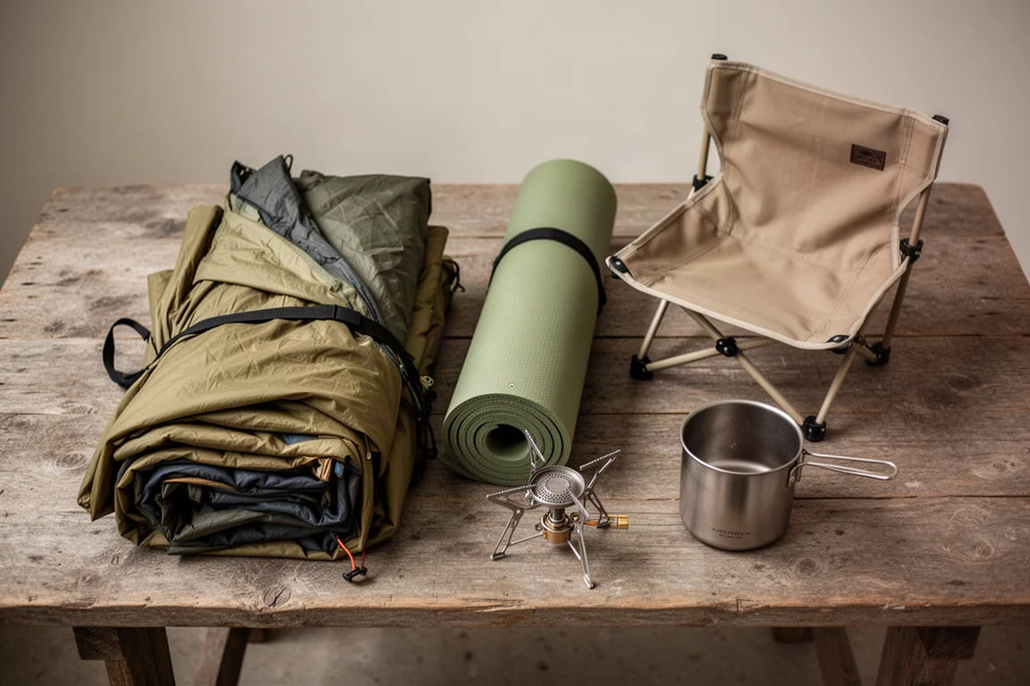 Draufsicht auf flach ausgelegte Backpacking-Ausrüstung auf einem verwitterten Holztisch
