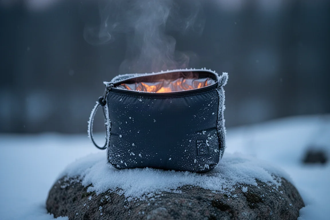 黃昏時分,保溫餐袋放在覆雪的岩石上,打開的袋口冒出蒸氣