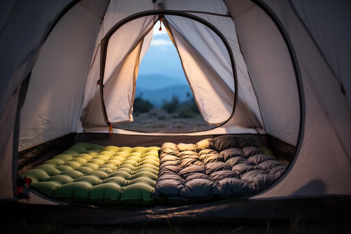 Inflated sleeping pad and quilt inside a small backpacking tent at dusk