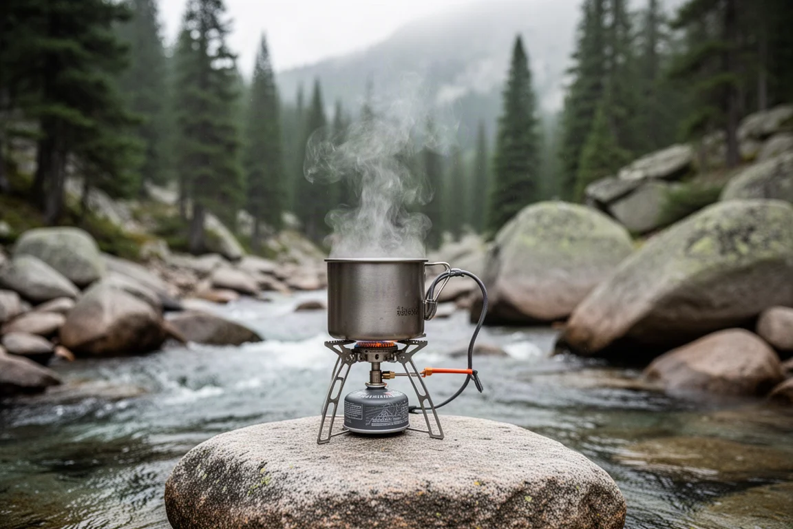 Integrated backpacking stove boiling water on a rock beside a mountain stream