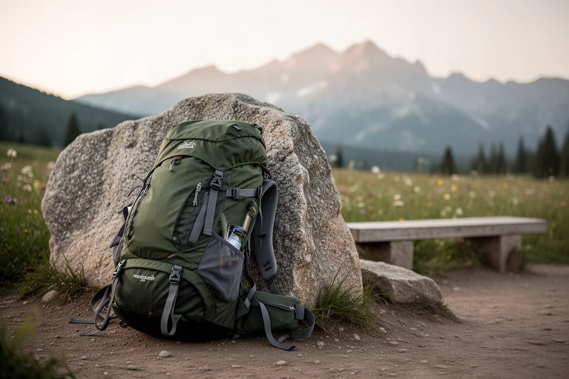 Loaded hiking backpack leaning against a boulder beside an alpine trail