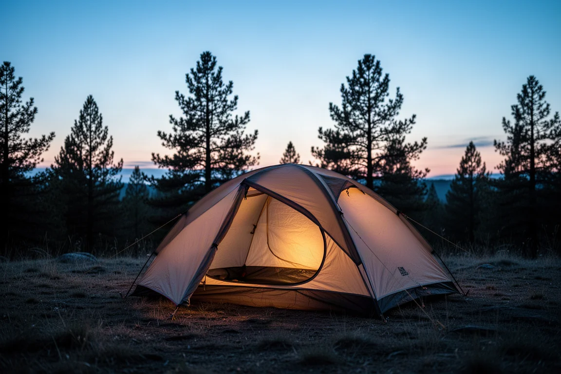 Two-person backpacking tent pitched in a grassy clearing at blue hour