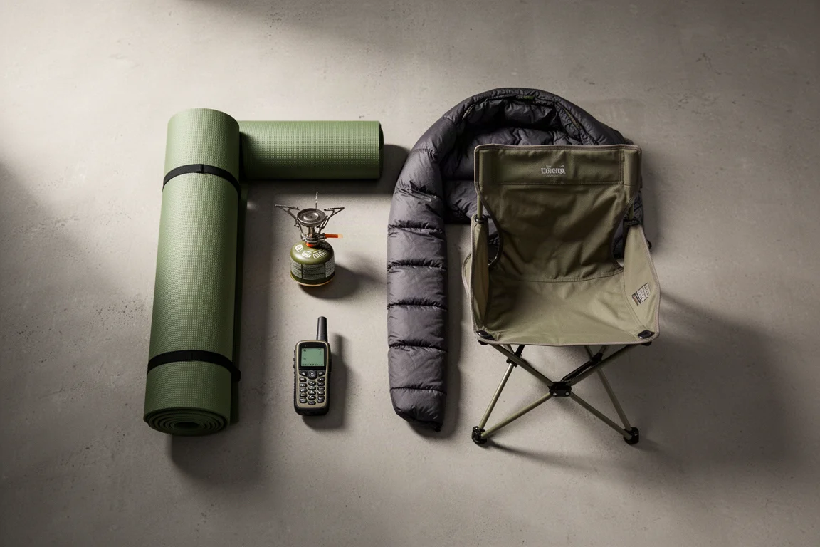 Flat-lay di attrezzatura da trekking tra cui materassino, fornello, sacco a pelo, comunicatore e sedia da campeggio