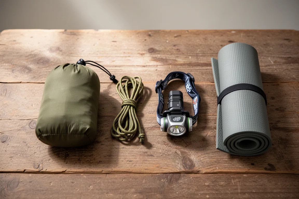 Overhead flat-lay of small backpacking essentials on a weathered wooden table