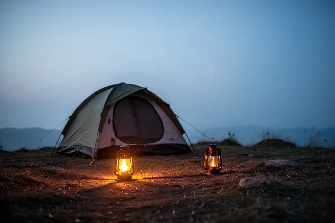 Small tent at dusk lit by a warm amber flame lantern glow on a ridge