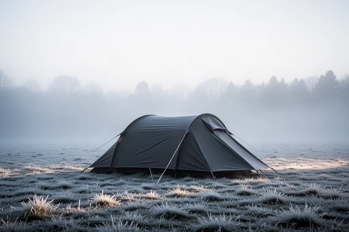 Frost-dusted campsite at first light with a low tent silhouette and mist